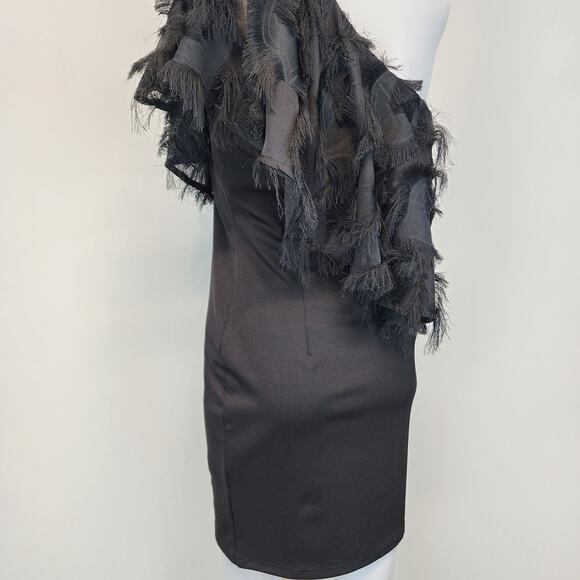 TCEC Asymmetric One Shoulder Black Dress Size S Fringe Evening New Years Party - Picture 6 of 16
